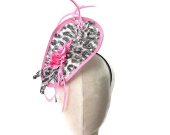 Black white and pink Fascinator, Derby, Sinamay Saucer Hat