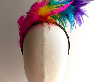 Rainbow Feather Crown Headband – Statement Fascinator for Special Events