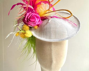 White Sinamay Fascinator – Hot Pink Rose, Neon Feathers, Derby, Wedding, Race Day Hat