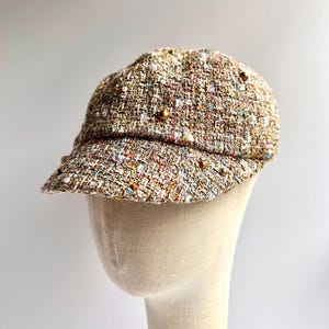 Tweed Newsboy Cap with Embellishments -Faux Pearls and Rhinestone- Tweed Hat