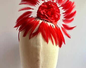 Red Feather Fascinator, Derby, Gatsby Party, Red Party