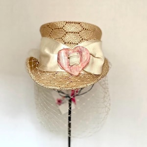 Handmade Straw Top Hat: Derby Tea Party Hat with Vintage Veiling