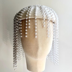 Faux Pearl Fringe Hat: Modern Bride- 1970 Cher Style - Cocktail Hat