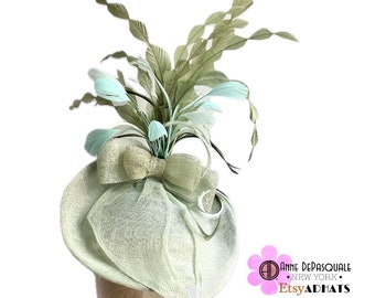Derby Hat, Mint Green Fascinator, Wedding, Tea Party, Ascot, Feathered Sinimay hat