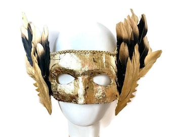 Gold Feather mask, Masquarade mask, Handmade Feather Mask