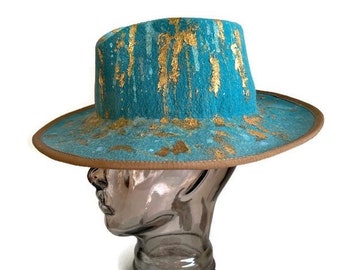 Turquoise Fedora, Handmade hat, Metallic hand painted unisex,  Millinery