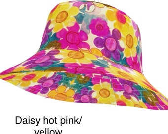 Bright Bucket Hat, Daisies, Beach hat, Sun, Rain Hat, Canvas hat