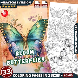 Blooming Butterflies Coloring Book Pages For Inspiration & Relaxing, Instant Download PDF - PNG In 2 Sizes +Colored Illustrations -Kids Gift