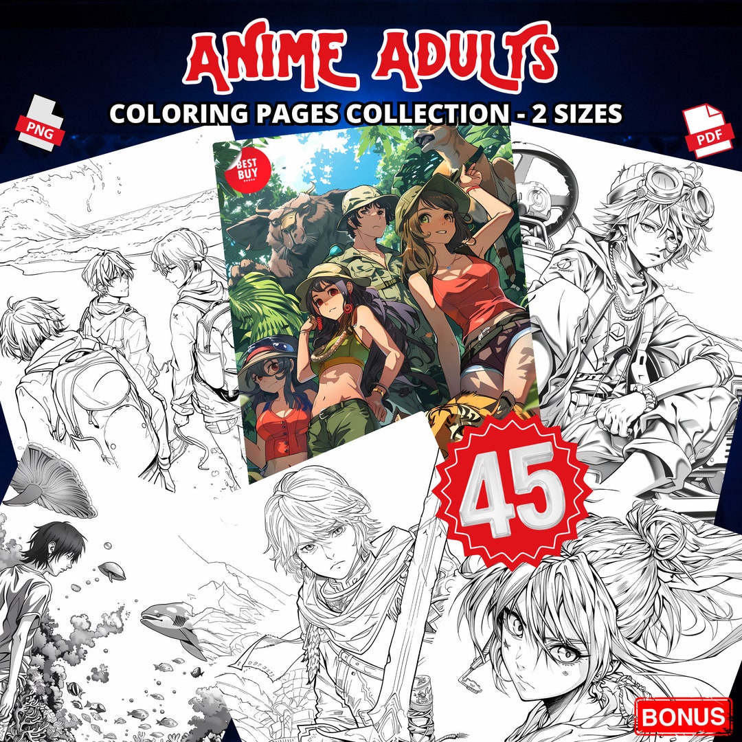 Anime Adults Coloring Pages Collection PDF PNG in 2 Sizes Instant