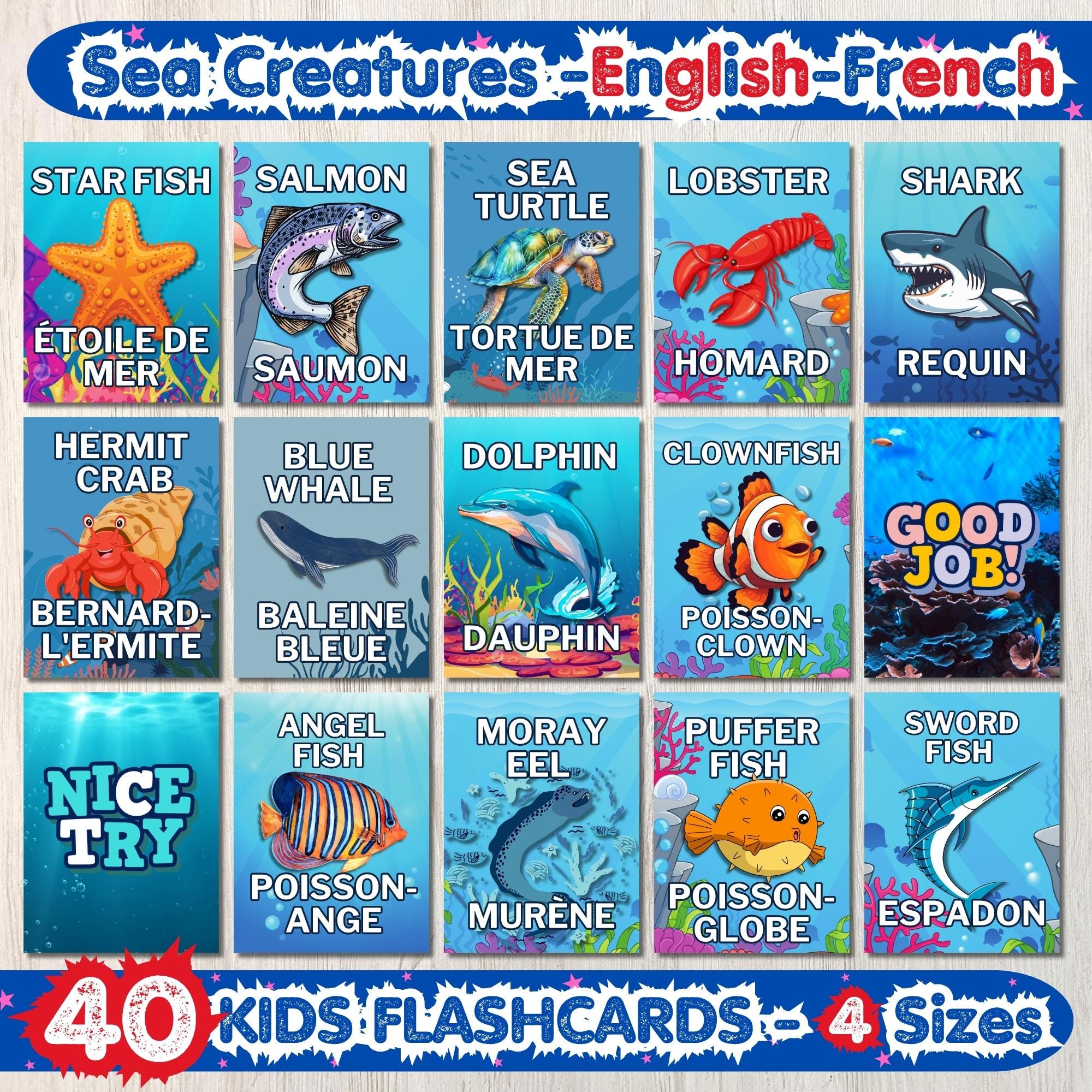 Learn & Have Fun With 40 Sea Creatures English-French Bilingual Printable Flashcards Specially Handmade for kids and Preschool Home Learning