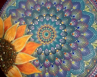 Tray, Wooden, Vintage 1957, Hand Painted, Dot Dotting Art, Large Wall Hanging, One of a Kind, Sunflower Art, Upcycled Tray, Mandala Dish