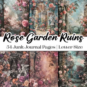 Pages imprimables du journal indésirable Rose Garden Ruins | 54 statues de la Grèce antique et illustrations florales | Papier numérique pour images au format lettre