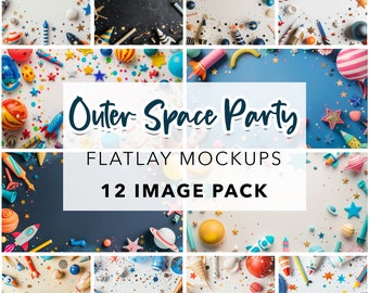12 Outer Space Party Flat Lay Mockup Bundle - Galaxy Background Scene Stock Photos