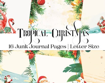 Tropical Christmas in July Junk Journal Printable Pages | 16 Letter-Sized Images Digital Paper
