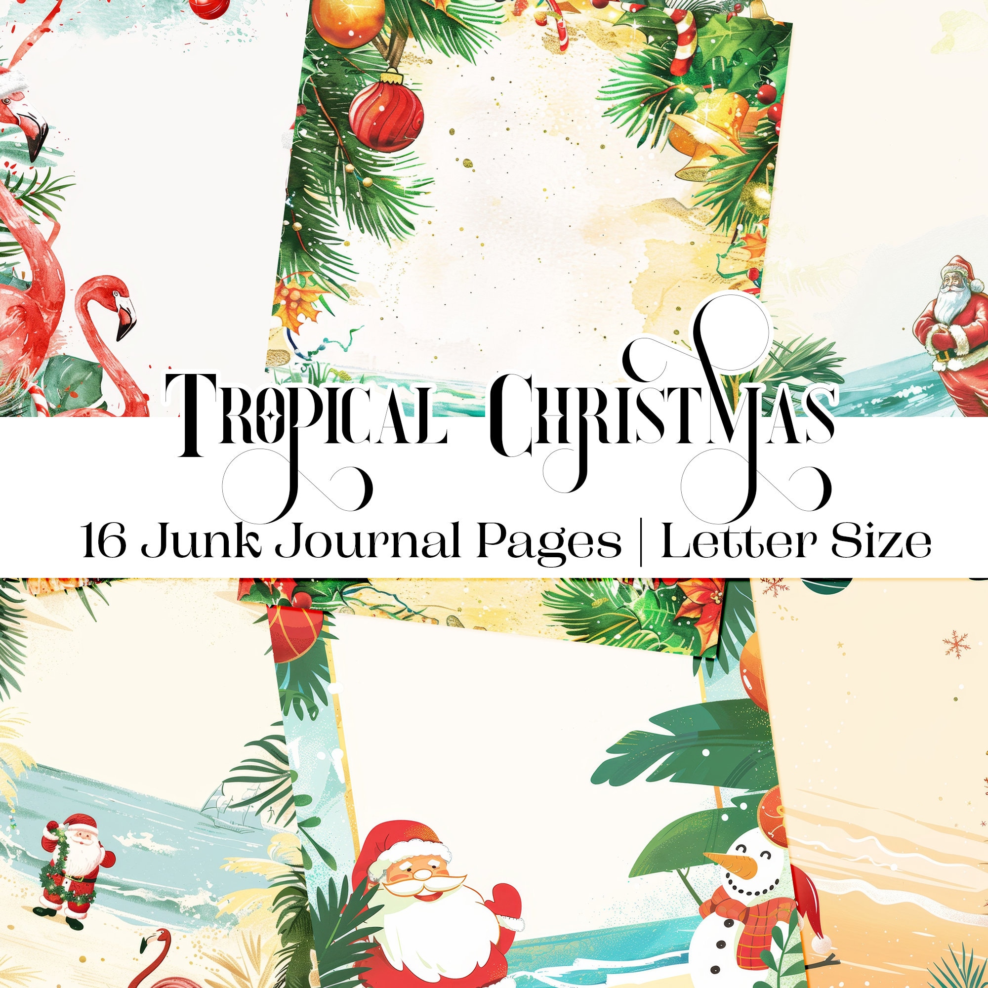 Tropical Christmas in July Junk Journal Printable Pages | 16 Letter-Sized Images Digital Paper