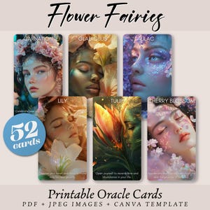 Cartas de oráculo de hadas de flores para imprimir en PDF e imágenes / Plantilla de baraja de 52 cartas florales para intuición, orientación y reflexión