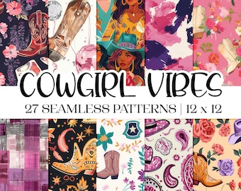 Cowgirl Vibes Seamless Patterns | 27 Square Western Rodeo Digital Scrapbook Paper | Size 12 x 12