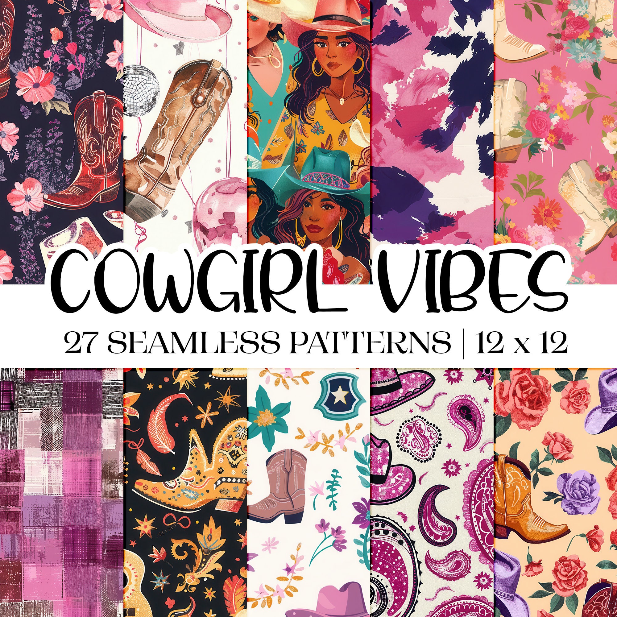 Cowgirl Vibes Seamless Patterns | 27 Square Western Rodeo Digital Scrapbook Paper | Size 12 x 12