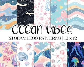 Ocean Vibes Seamless Patterns | 21 Square Underwater Sea Digital Scrapbook Paper | Size 12 x 12