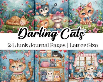 Darling Cats Junk Journal Printable Pages | 24 Cute Kitten Illustrations | Letter-Sized Images Digital Paper