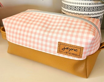 Coral Gingham Vinyl Toiletry /Makeup /Multi Use Boxy Bag