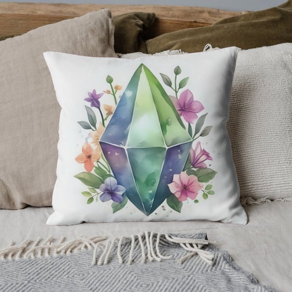 The Sims 4 Plumbob watercolor floral home decor 14x14 inch spun polyester square throw pillow housewarming gift aesthetic cute accent