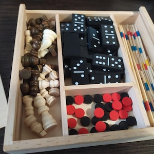 Chess - checkers-dominoes camping pocket complex mini-game made of wood souvenir