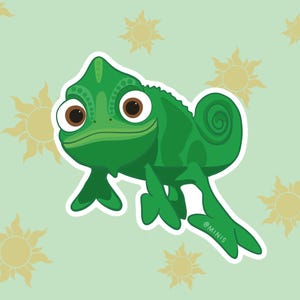 May include: A green cartoon chameleon with large eyes and a curled tail. The chameleon is on a light green background with yellow sun-like shapes.