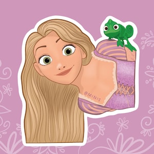 May include: A cartoon illustration of a smiling woman with long blonde hair and green eyes, wearing a purple dress. A green chameleon sits on her shoulder. The background is a light purple with floral designs.
