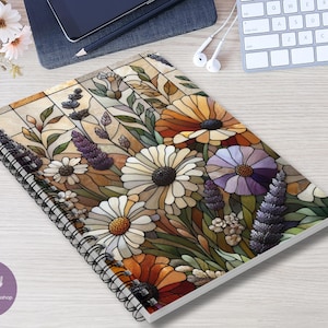 Boho Floral Spiral Notebook, Vintage Floral Lined Journal, Faux Stained Glass Flower Planner, Gift for Writers, Nature Lover Stationery