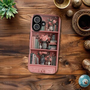 Pink Floral Bookshelf Phone Case for iPhone 16 15 14 13 12 11 Pro Max Plus Vintage Bookish Flower Aesthetic Cute Book Lover Gift