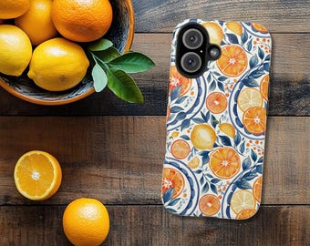 Citrus Fruits iPhone Case: Lemon Orange Slices, Blue Floral Design