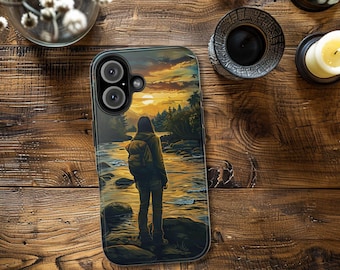 May include: A phone case featuring a scenic illustration of a person standing by a river at sunset. The artwork depicts a figure with a backpack, facing a river with a vibrant sky, trees, and a setting sun. The case has a clear border.