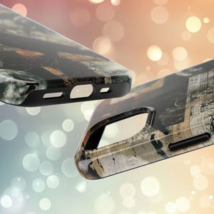 May include: Two phone cases with different designs. The first case has a camouflage pattern with black accents. The second case has a vintage newspaper and music sheet design with black accents.