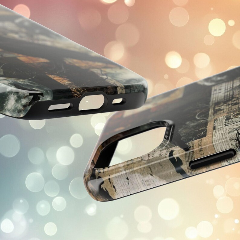 May include: Two phone cases with different designs. The first case has a camouflage pattern with black accents. The second case has a vintage newspaper and music sheet design with black accents.