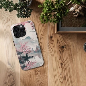 Japanese Cherry Blossom Phone Case for iPhone 15 14 13 12 11 Pro Max Plus Watercolor Painting Landscape Trendy Aesthetic Elegant