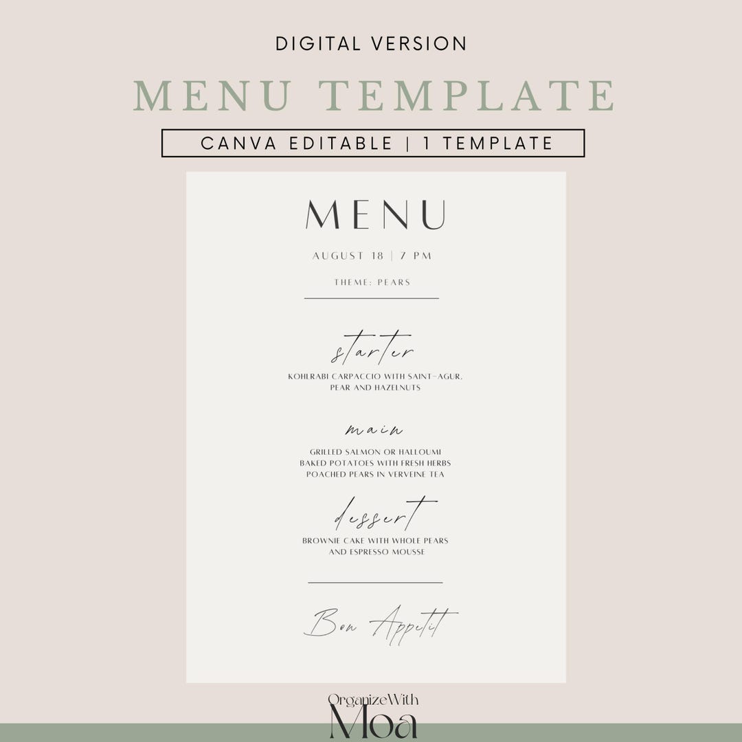 Classic Food Menu Template, DIY Dinner Party, Canva, Minimalist Food ...