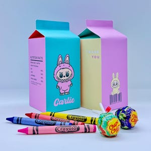 Editable Labubu Milk Cartons, Party Favour, Kids Birthday Decor, Instant Download, Digital File, Labubu Blind Box, 4 X Milk Carton Templates