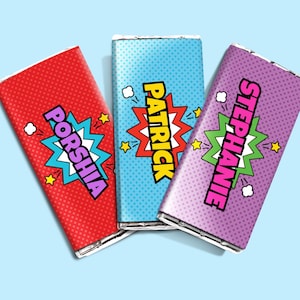 Editable Superhero Chocolate Wrapper: Kids Birthday Party Favor (Digital File, Canva Template)