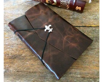 Leather Journal / Sketchbook / Wedding Guestbook . large 9x6 . Handmade Handbound . dark brown with fleur de lis (320pgs)