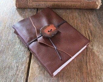 Leather Journal . Charles Dickens "David Copperfield" quote . handbound handmade . copper/auburn leather wood button (320 pgs)