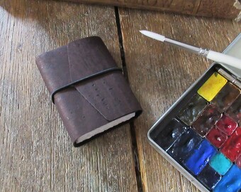Watercolor Mini Pocket Sketchbook 3” x 2" . portrait . dark brown cork cover . Fabriano Artistico hotpress (100% cotton watercolour paper)