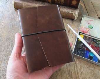 Watercolor Leather Sketchbook Pocket Tome 6”x4” portrait . distressed dark brown . Saunders Waterford hotpress (100% cotton paper)