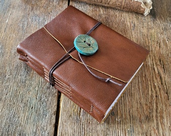 Leather Journal . "The Road Not Taken" - Robert Frost . handmade handbound . cognac leather & button (320 pgs)