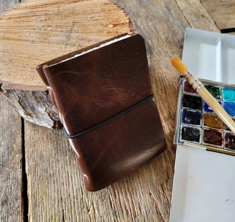 Mini Watercolor Leather Sketchbook . 4 x 2.75 . portrait . dark brown leather . Fabriano Artistico hotpress 100%cotton 31 pages image 8