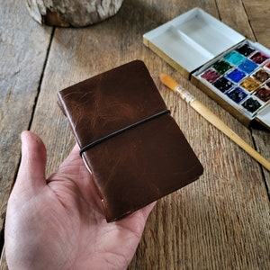 Mini Watercolor Leather Sketchbook . 4 x 2.75 . portrait . dark brown leather . Fabriano Artistico hotpress 100%cotton 31 pages image 6