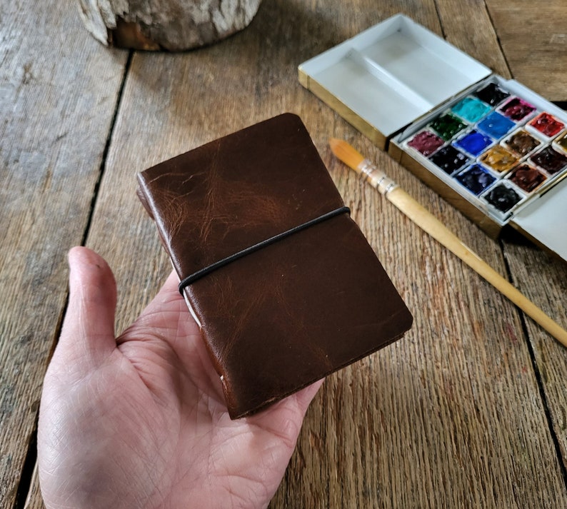 Mini Watercolor Leather Sketchbook . 4 x 2.75 . portrait . dark brown leather . Fabriano Artistico hotpress 100%cotton 31 pages image 6