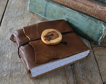 Leather Journal / Sketchbook / Guestbook . Rustic, Small & Chunky . handmade handbound . copper brown with wooden button (320 pgs)