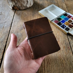 Mini Watercolor Leather Sketchbook . 4 x 2.75 . portrait . dark brown leather . Fabriano Artistico hotpress 100%cotton 31 pages image 1