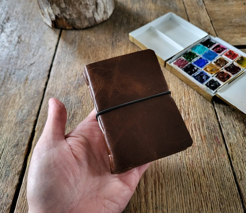 Mini Watercolor Leather Sketchbook . 4 x 2.75 . portrait . dark brown leather . Fabriano Artistico hotpress 100%cotton 31 pages image 1